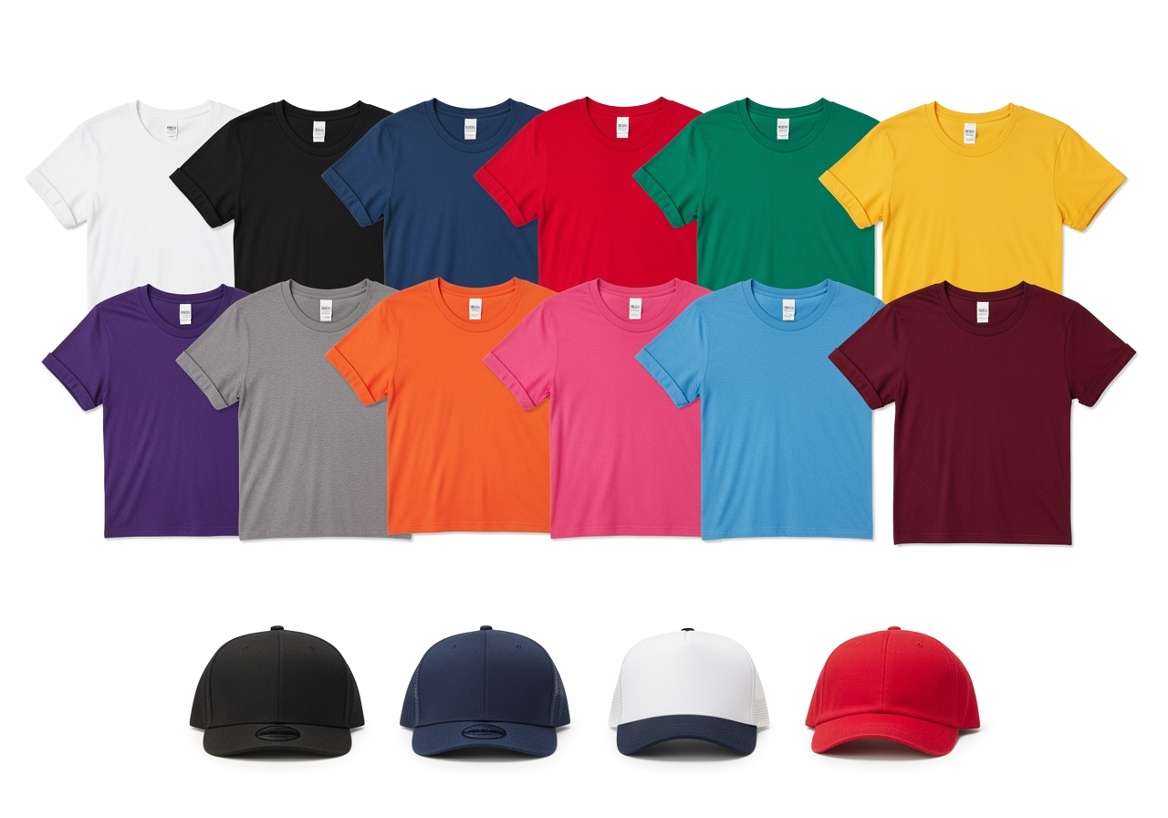 T-shirt and cap product showcase